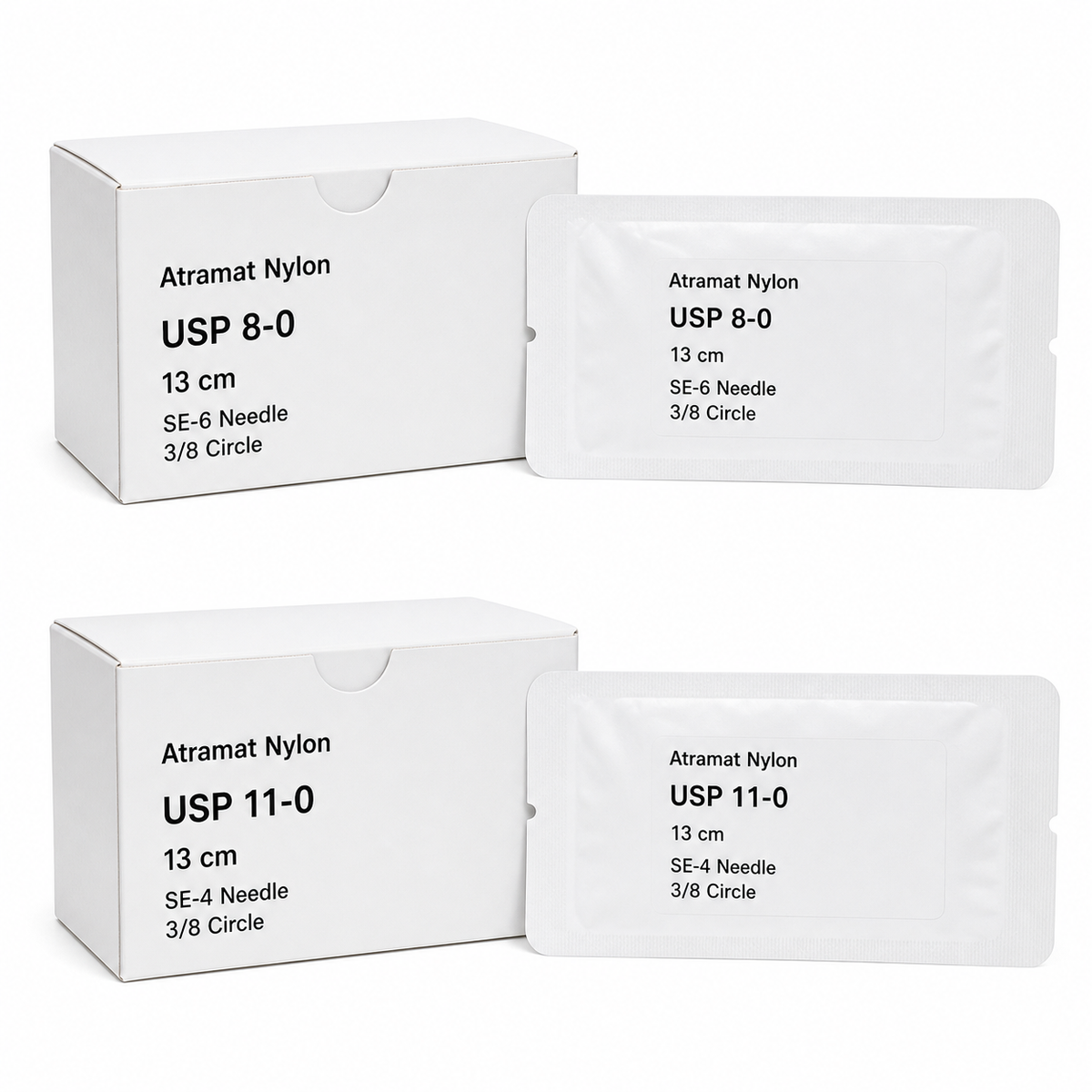 Imagen ilustrativa optimizada: Atramat Nylon negro, variantes USP 8-0 SE-6 y USP 11-0 SE-4, ambas de 13 cm y 3/8 de círculo, sobre fondo blanco