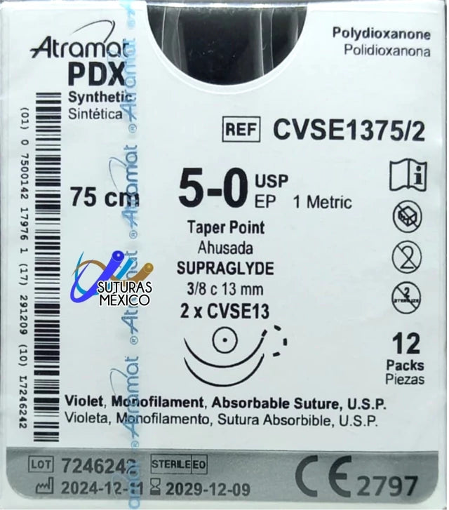 Sutura Atramat PDX CVSE1375/2 calibre 5-0, 75 cm, aguja Supraglyde CVSE13 de 13 mm