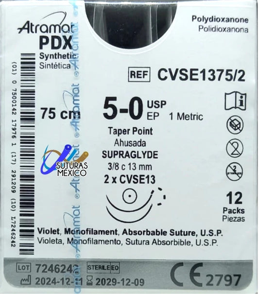 Sutura Atramat PDX CVSE1375/2 calibre 5-0, 75 cm, aguja Supraglyde CVSE13 de 13 mm