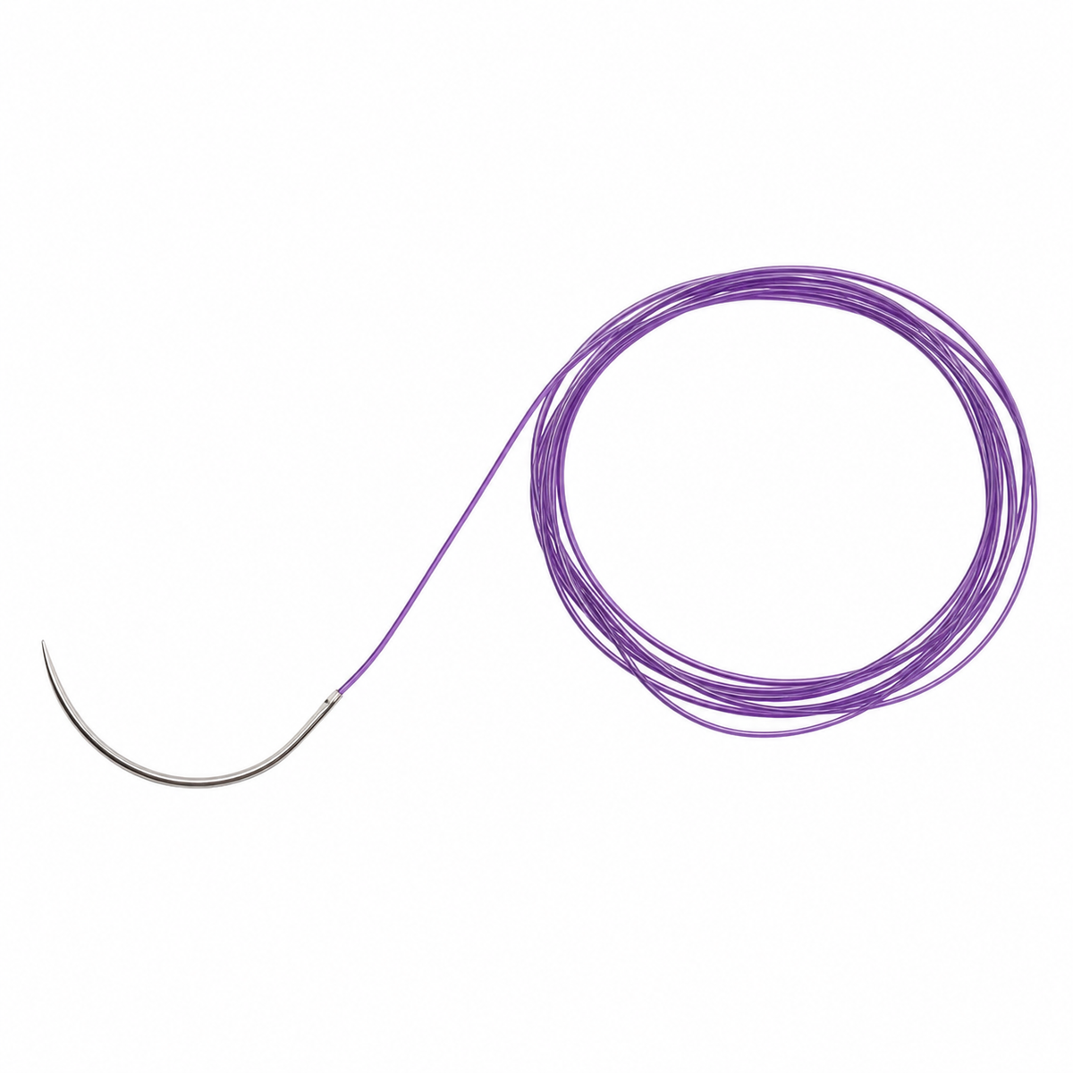 Imagen optimizada: Atramat PDX violeta, sutura absorbible con aguja R-26 curva, presentación ilustrativa sobre fondo blanco