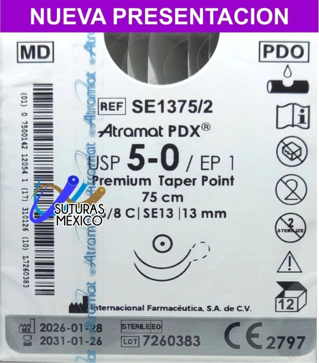 Sutura Atramat PDX SE1375/2 calibre 5-0, 75 cm, aguja SE13 de 13 mm