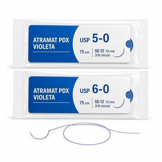 Imagen optimizada: Atramat PDX violeta, sutura absorbible USP 5-0 y 6-0, 75 cm, aguja SE-12 de 12 mm, 3/8 de círculo, sobre fondo blanco
