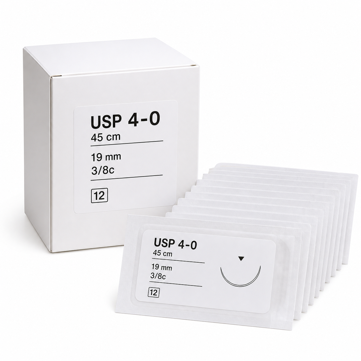 Ilustración de caja con doce suturas de nylon negro USP 4-0 de 45 cm y aguja curva de 19 mm