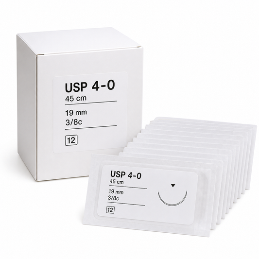 Ilustración de caja con doce suturas de nylon negro USP 4-0 de 45 cm y aguja curva de 19 mm