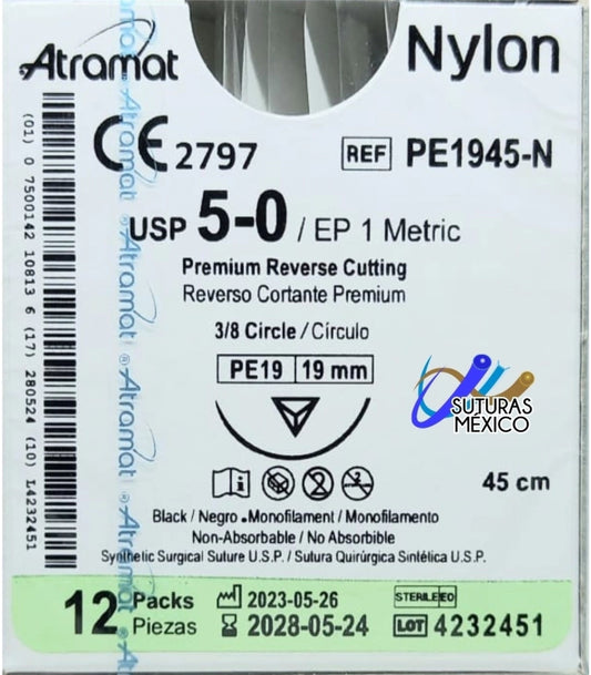 Atramat PE1945-N sutura no absorbible negra USP 5-0 de 45 cm con aguja PE19 de 19 mm