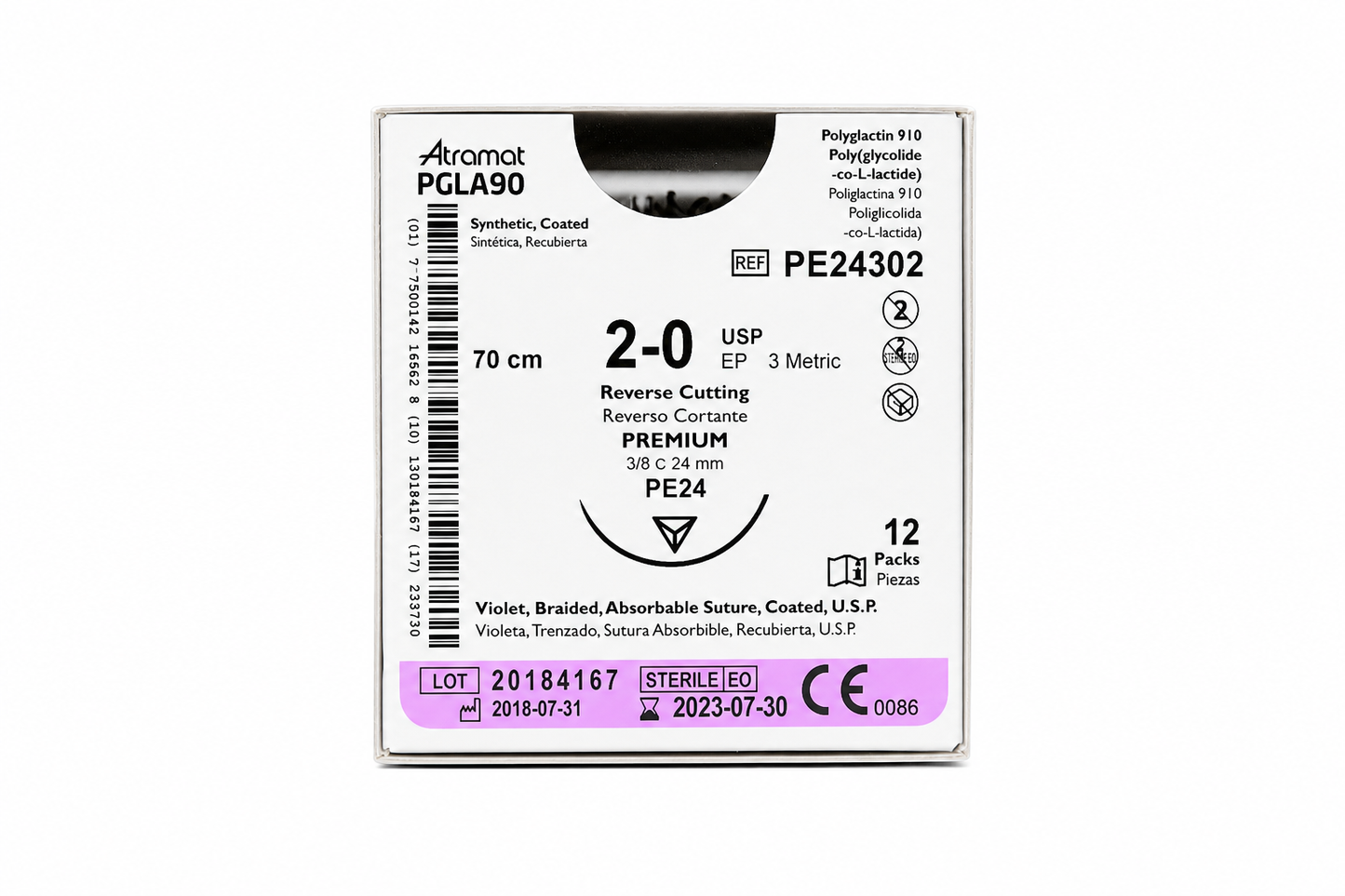 Atramat PGLA90 PE24302, sutura absorbible USP 2-0 de 70 cm con aguja PE24 de 24 mm sobre fondo blanco