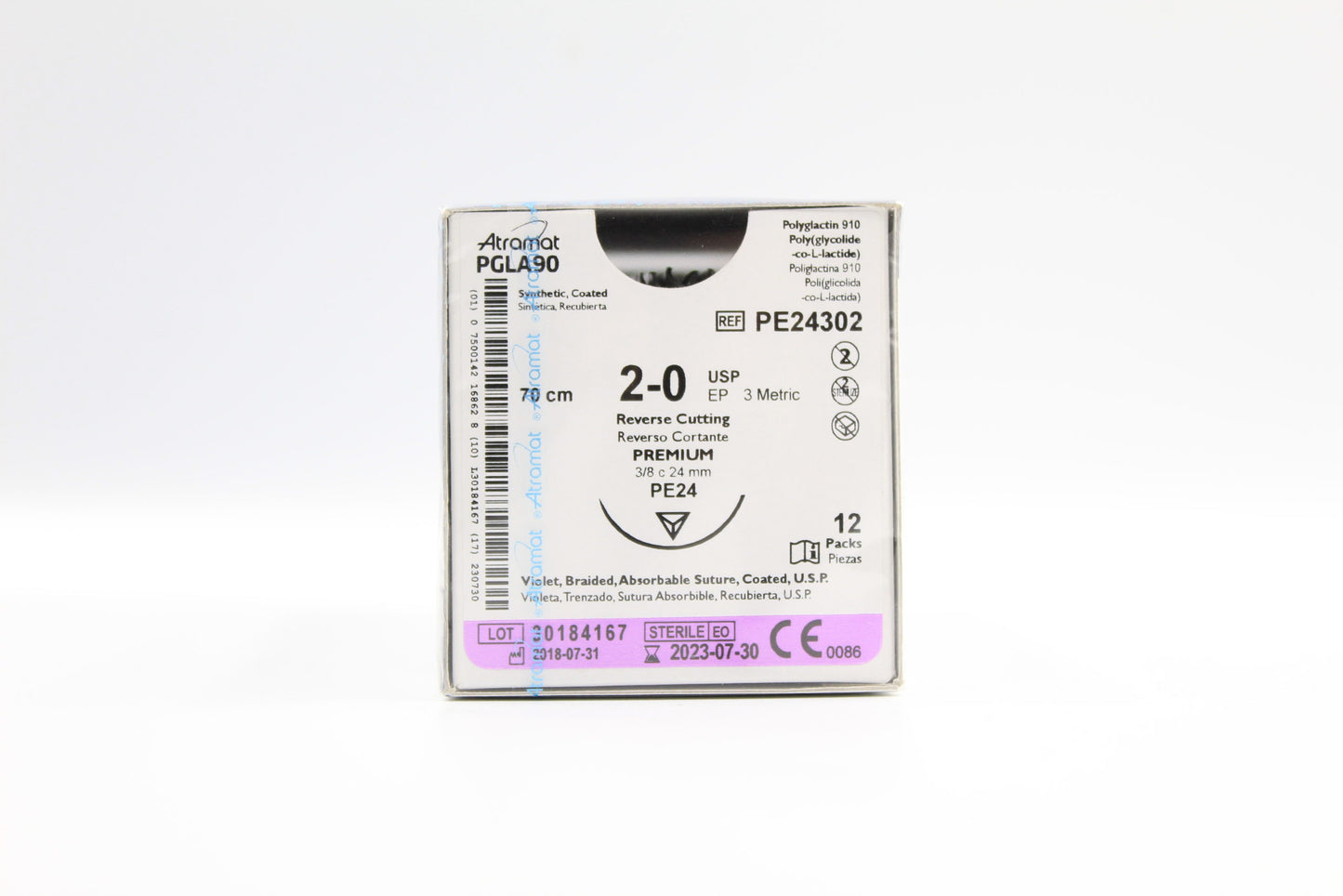 Atramat PE24302 PGLA90 violeta USP 2-0 de 70 cm con aguja PE24 reverso cortante premium de 24 mm