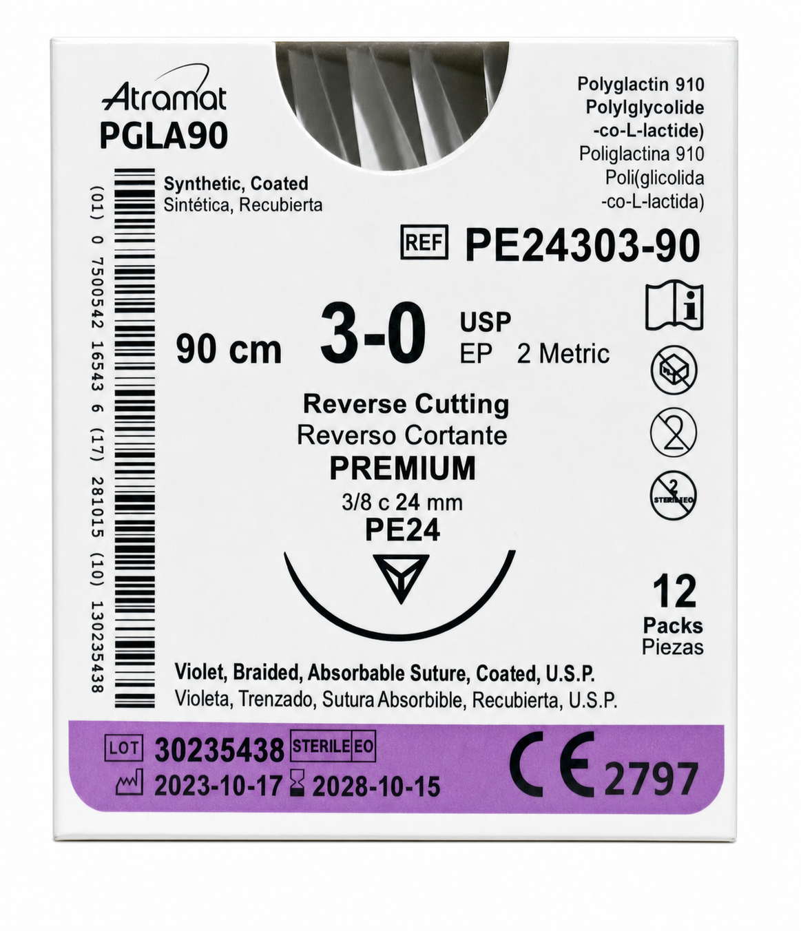 Atramat PGLA90 PE24303-90, sutura absorbible USP 3-0 de 90 cm con aguja PE24 de 24 mm sobre fondo blanco