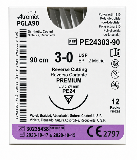 Atramat PGLA90 PE24303-90, sutura absorbible USP 3-0 de 90 cm con aguja PE24 de 24 mm sobre fondo blanco