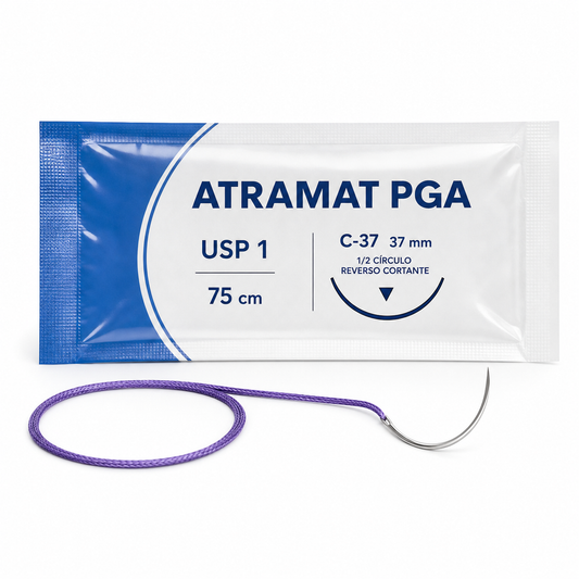 Imagen optimizada: Atramat PGA C3798-75, sutura absorbible USP 1, 75 cm, aguja C-37 de 37 mm, 1/2 de círculo, reverso cortante, sobre fondo blanco