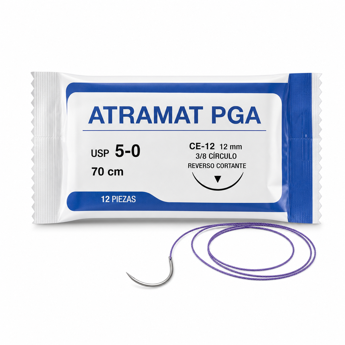 Imagen optimizada: Atramat PGA CE1295, sutura absorbible USP 5-0, 70 cm, 12 piezas, aguja CE-12 de 12 mm, 3/8 de círculo, reverso cortante, sobre fondo blanco