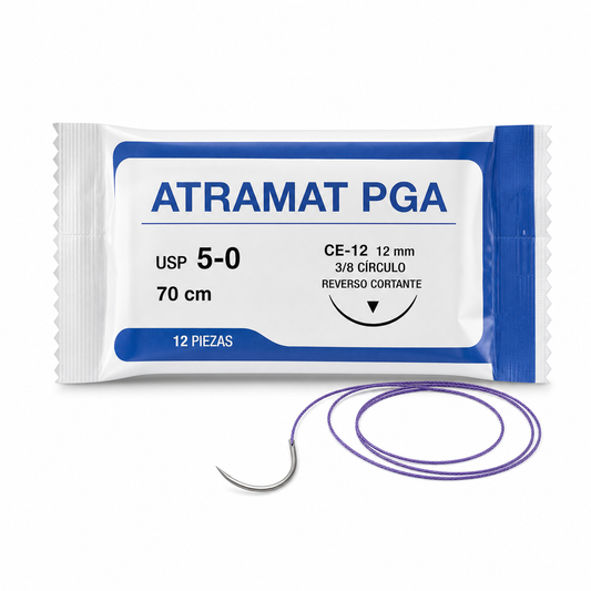 Imagen optimizada: Atramat PGA CE1295, sutura absorbible USP 5-0, 70 cm, 12 piezas, aguja CE-12 de 12 mm, 3/8 de círculo, reverso cortante, sobre fondo blanco