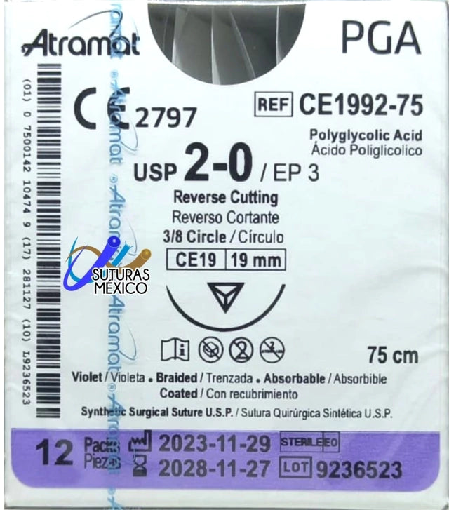 Sutura Atramat PGA CE1992-75 calibre 2-0, 75 cm, aguja CE19 de 19 mm