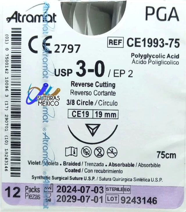 Sutura Atramat PGA CE1993-75 calibre 3-0, 75 cm, aguja CE19 de 19 mm