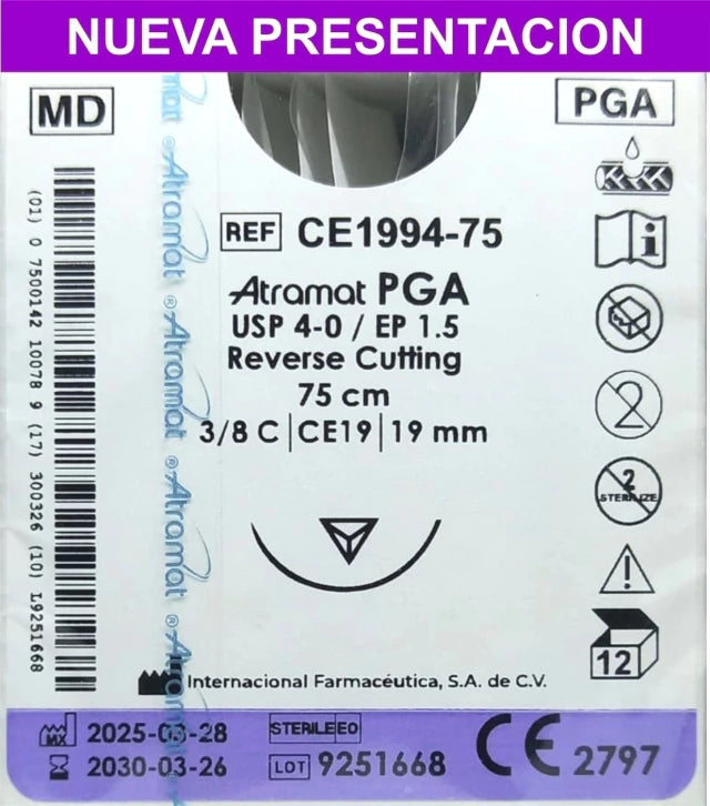 Sutura Atramat PGA CE1994-75 calibre 4-0, 75 cm, aguja CE19 de 19 mm