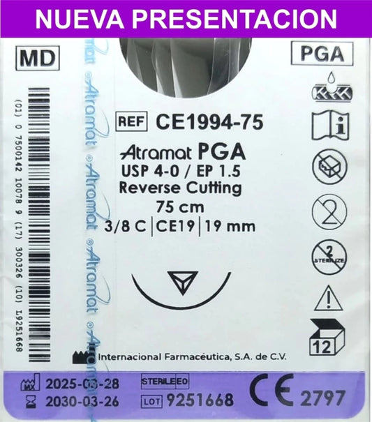 Sutura Atramat PGA CE1994-75 calibre 4-0, 75 cm, aguja CE19 de 19 mm