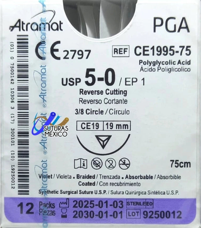 Sutura Atramat PGA CE1995-75 calibre 5-0, 75 cm, aguja CE19 de 19 mm