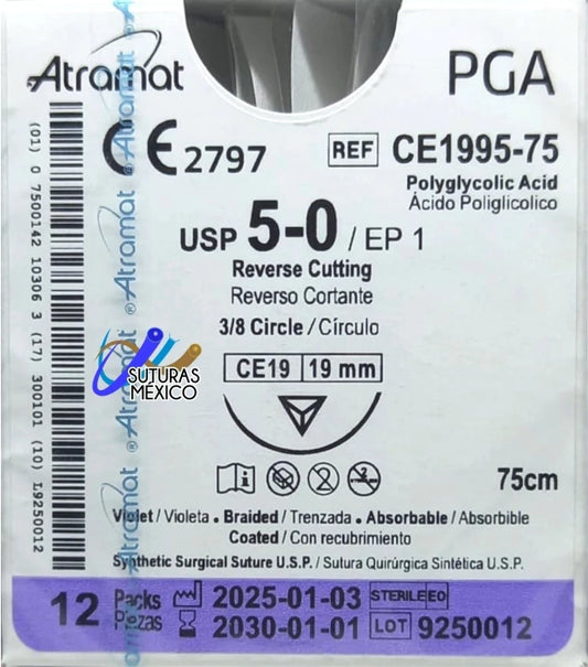 Sutura Atramat PGA CE1995-75 calibre 5-0, 75 cm, aguja CE19 de 19 mm