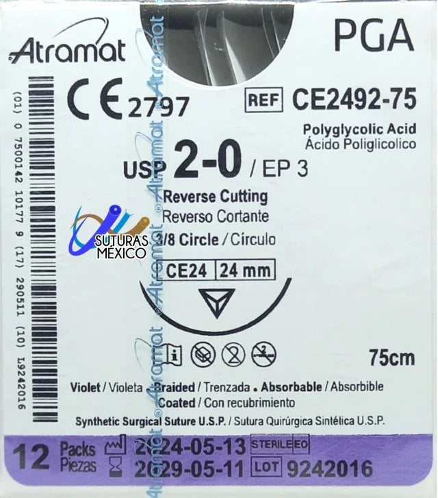 Sutura Atramat PGA CE2492-75 calibre 2-0, 75 cm, aguja CE24 de 24 mm