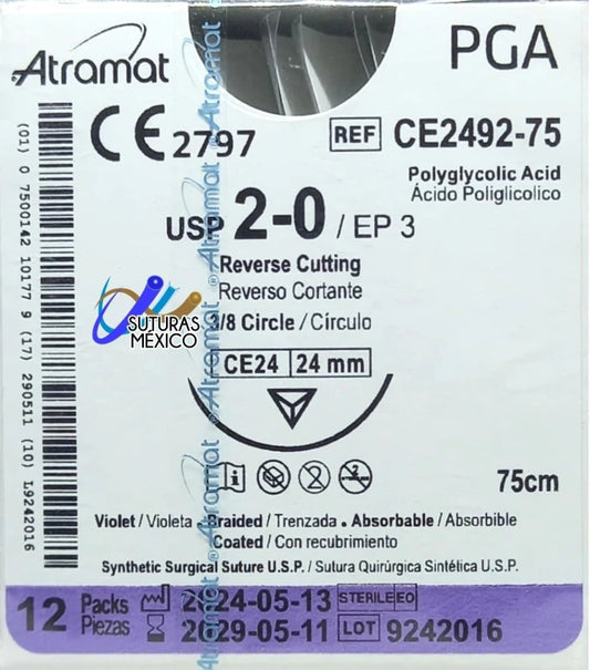 Sutura Atramat PGA CE2492-75 calibre 2-0, 75 cm, aguja CE24 de 24 mm