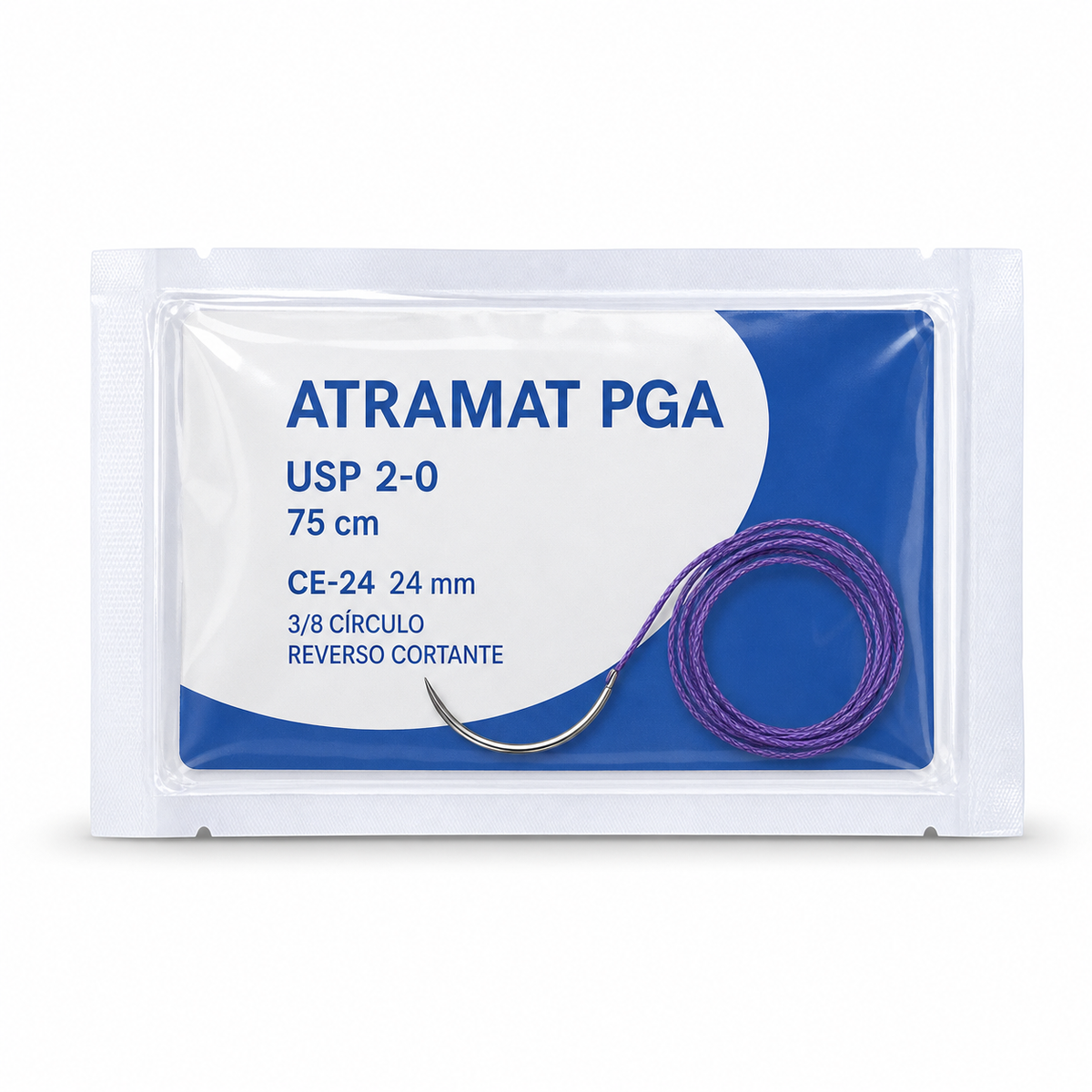 Imagen optimizada: Atramat PGA CE2492-75, sutura absorbible USP 2-0, 75 cm, aguja CE-24 de 24 mm, 3/8 de círculo, reverso cortante, sobre fondo blanco