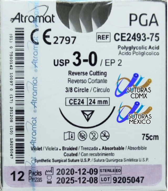 Sutura Atramat PGA CE2493-75 calibre 3-0, 75 cm, aguja CE24 de 24 mm