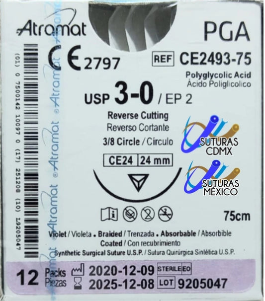 Sutura Atramat PGA CE2493-75 calibre 3-0, 75 cm, aguja CE24 de 24 mm