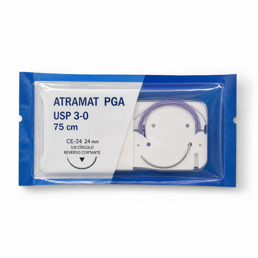 Imagen optimizada: Atramat PGA CE2493-75, sutura absorbible USP 3-0, 75 cm, aguja CE-24 de 24 mm, 3/8 de círculo, reverso cortante, sobre fondo blanco