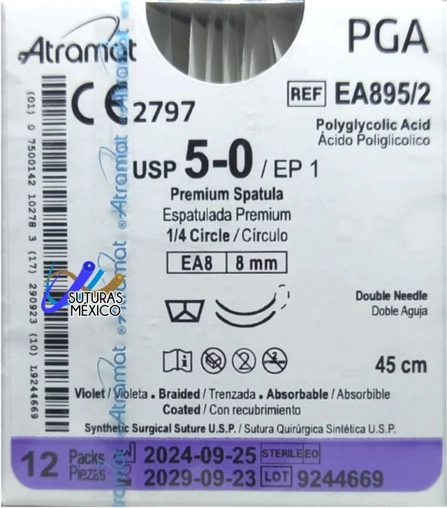Sutura Atramat PGA EA895/2 calibre 5-0, 45 cm, aguja EA8 de 8 mm