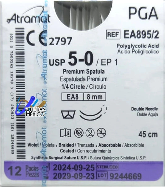 Sutura Atramat PGA EA895/2 calibre 5-0, 45 cm, aguja EA8 de 8 mm