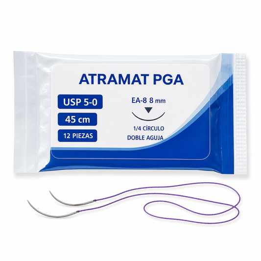 Imagen optimizada: Atramat PGA EA895/2, sutura absorbible USP 5-0, 45 cm, 12 piezas, doble aguja EA-8 de 8 mm, 1/4 de círculo, sobre fondo blanco