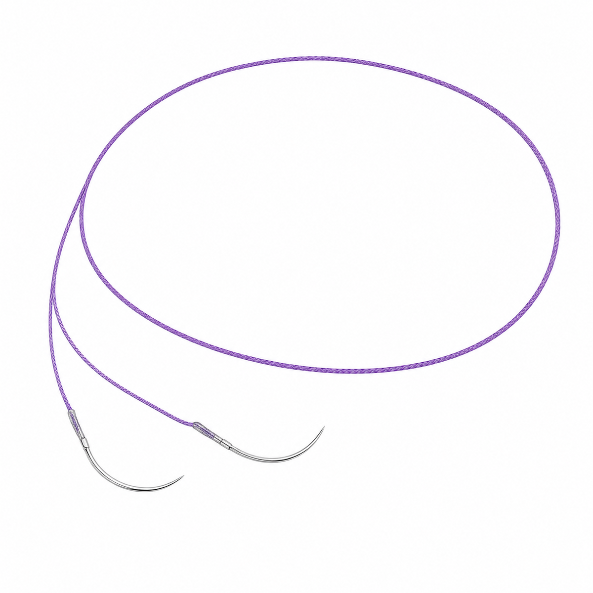 Imagen ilustrativa optimizada: Atramat PGA violeta USP 5-0, 45 cm, doble aguja E-8 de 8 mm, sobre fondo blanco