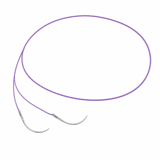 Imagen ilustrativa optimizada: Atramat PGA violeta USP 5-0, 45 cm, doble aguja E-8 de 8 mm, sobre fondo blanco