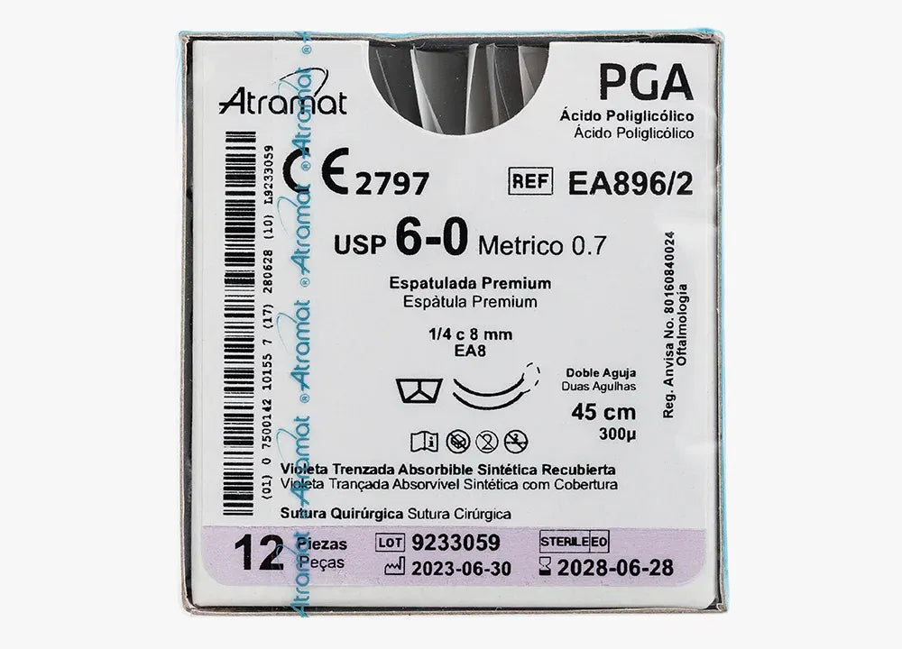 Sutura Atramat PGA EA896/2 calibre 6-0, 45 cm, doble aguja EA8 de 8 mm