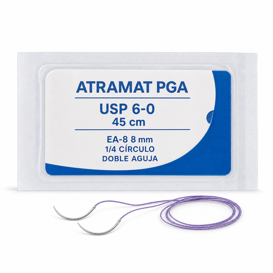 Imagen optimizada: Atramat PGA EA896/2, sutura absorbible USP 6-0, 45 cm, doble aguja EA-8 de 8 mm, 1/4 de círculo, sobre fondo blanco
