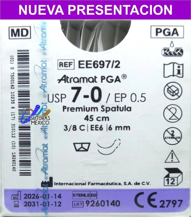 Sutura Atramat PGA EE697/2 calibre 7-0, 45 cm, aguja EE6 de 6 mm