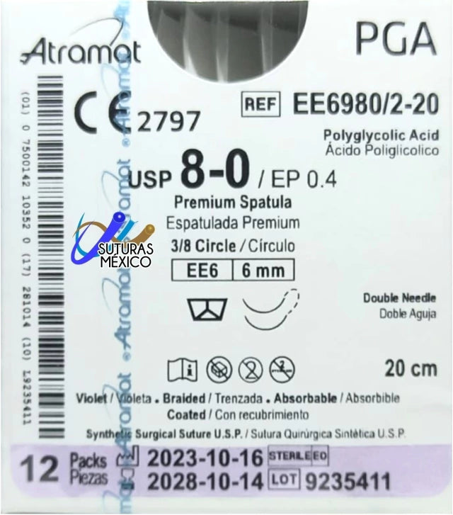 Sutura Atramat PGA EE6980/2-20 calibre 8-0, 20 cm, aguja EE6 de 6 mm