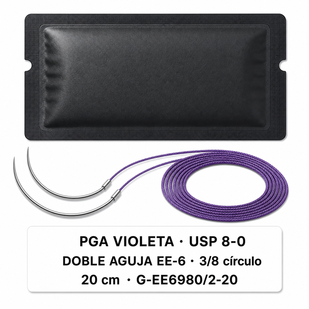Imagen ilustrativa optimizada: Atramat PGA violeta USP 8-0 con doble aguja EE-6, 20 cm, 3/8 de círculo, referencia G-EE6980/2-20, sobre fondo blanco