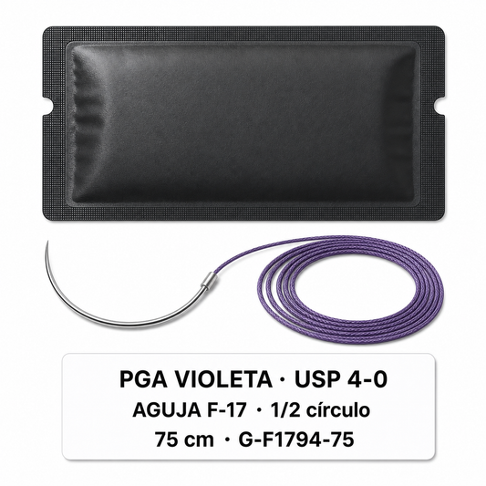 Imagen ilustrativa optimizada: Atramat PGA violeta USP 4-0 con aguja F-17, 75 cm, 1/2 círculo, referencia G-F1794-75, sobre fondo blanco