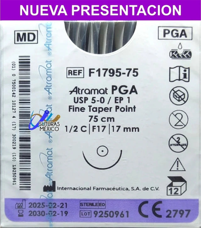 Sutura Atramat PGA F1795-75 calibre 5-0, 75 cm, aguja F17 de 17 mm
