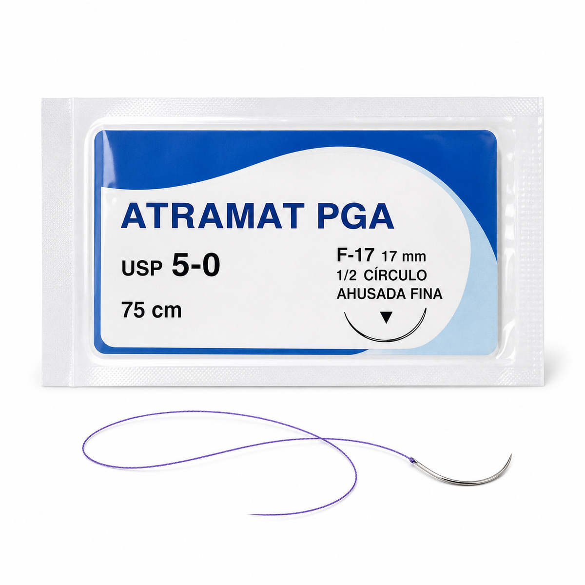 Imagen optimizada: Atramat PGA F1795-75, sutura absorbible USP 5-0, 75 cm, aguja F-17 de 17 mm, 1/2 de círculo, ahusada fina, sobre fondo blanco