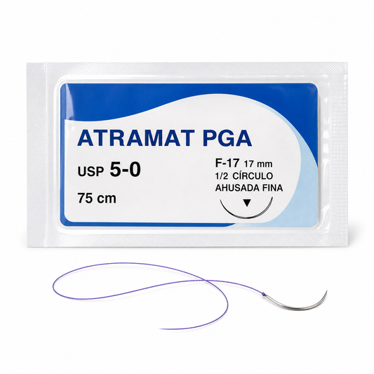 Imagen optimizada: Atramat PGA F1795-75, sutura absorbible USP 5-0, 75 cm, aguja F-17 de 17 mm, 1/2 de círculo, ahusada fina, sobre fondo blanco