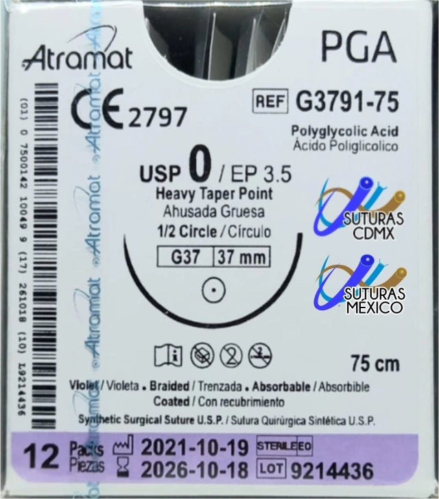 Sutura Atramat PGA G3791-75 calibre 0, 75 cm, aguja G37 de 37 mm