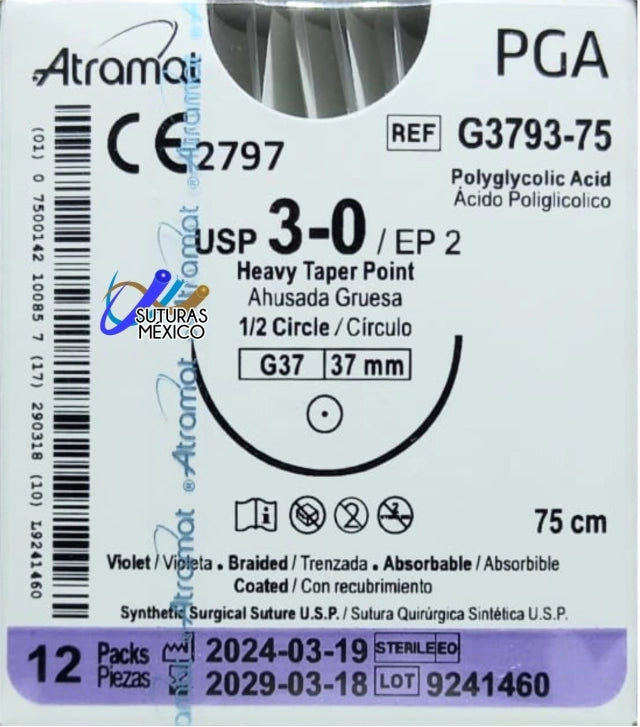 Sutura Atramat PGA G3793-75 calibre 3-0, 75 cm, aguja G37 de 37 mm