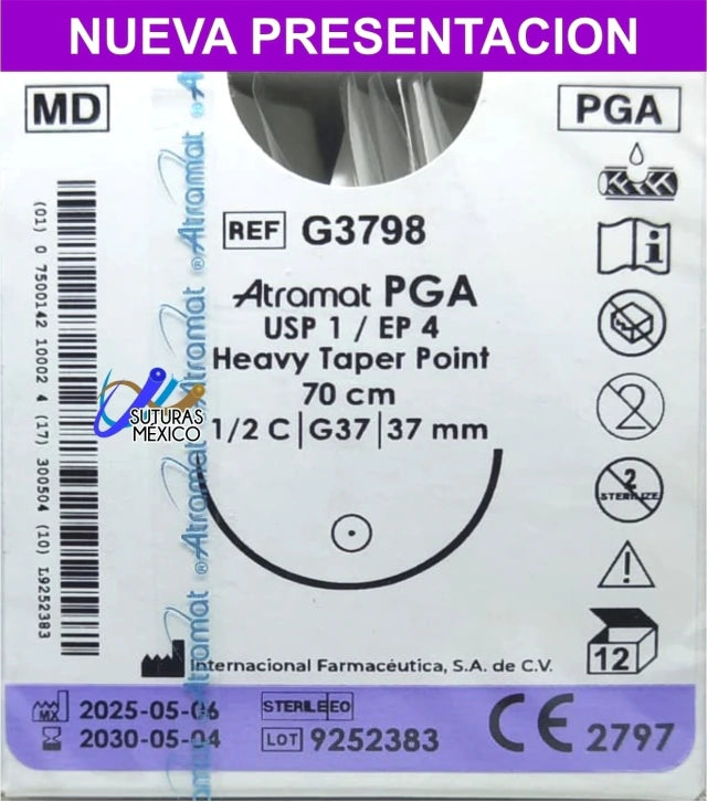 Sutura Atramat PGA G3798 calibre 1, 70 cm, aguja G37 de 37 mm