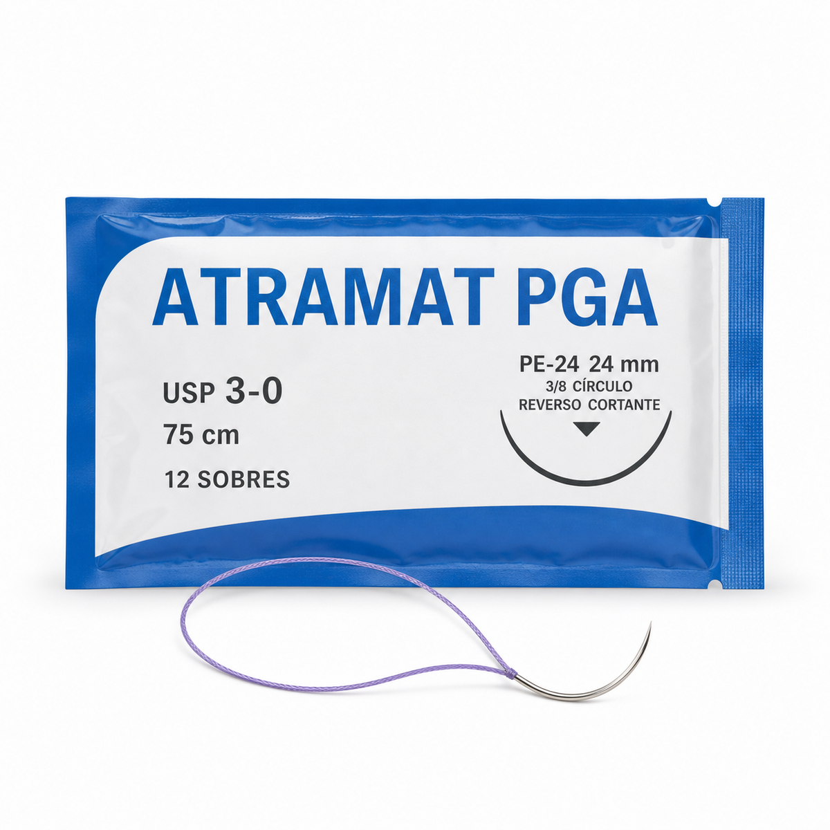 Imagen optimizada: Atramat PGA PE2493-75, sutura absorbible USP 3-0, 75 cm, 12 sobres, aguja PE-24 de 24 mm, 3/8 de círculo, reverso cortante, sobre fondo blanco