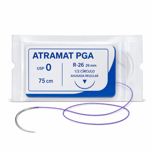 Imagen optimizada: Atramat PGA R2691-75, sutura absorbible USP 0, 75 cm, aguja R-26 de 26 mm, 1/2 de círculo, ahusada regular, sobre fondo blanco