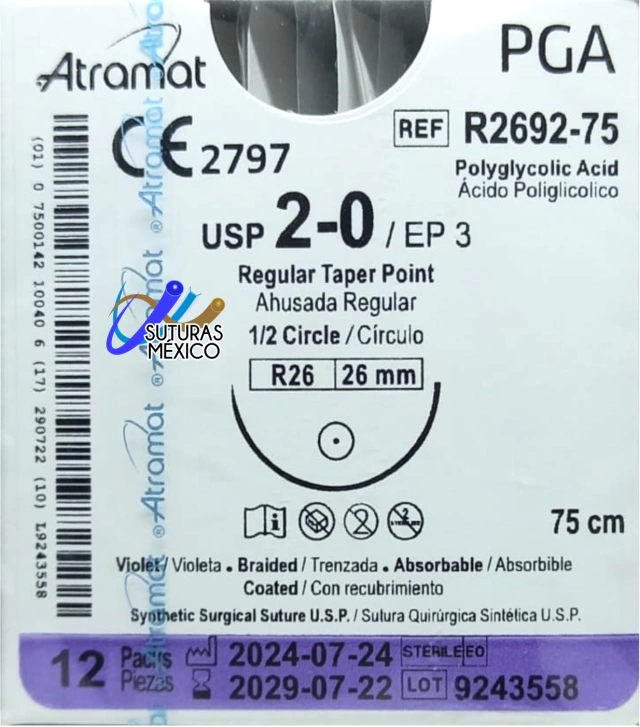 Sutura Atramat PGA R2692-75 calibre 2-0, 75 cm, aguja R26 de 26 mm