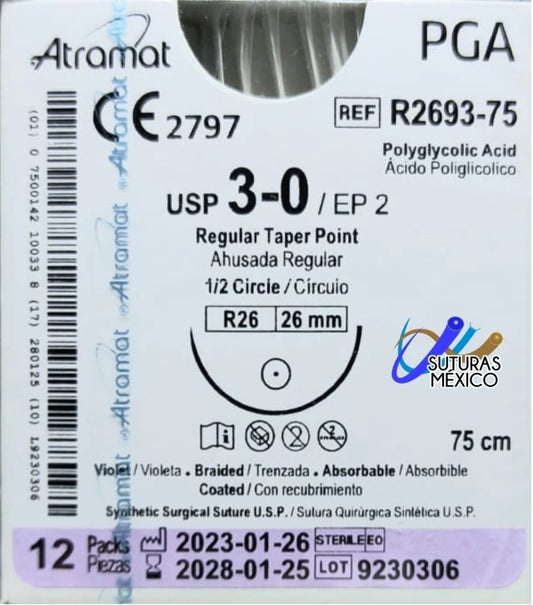 Sutura Atramat PGA R2693-75 calibre 3-0, 75 cm, aguja R26 de 26 mm
