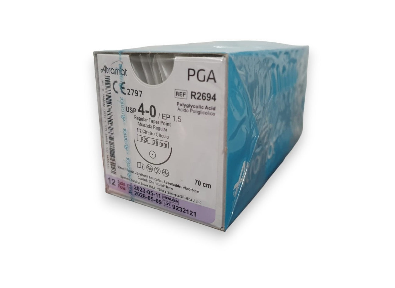 Sutura Atramat PGA R2694 calibre 4-0, 70 cm, aguja R26 de 26 mm